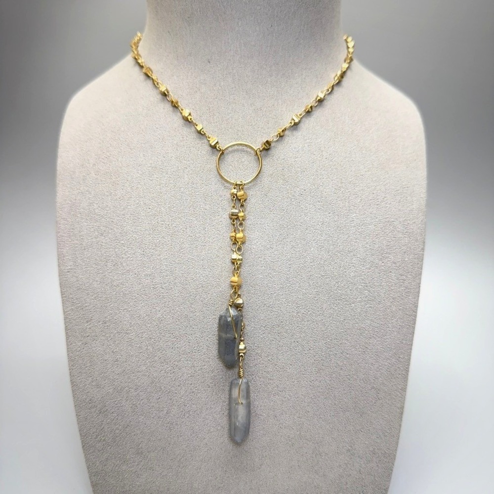 Luna Norte‎ Gold Tone Moonstone Crystal  Y Drop Necklace 15-18" Boho Chic Dainty